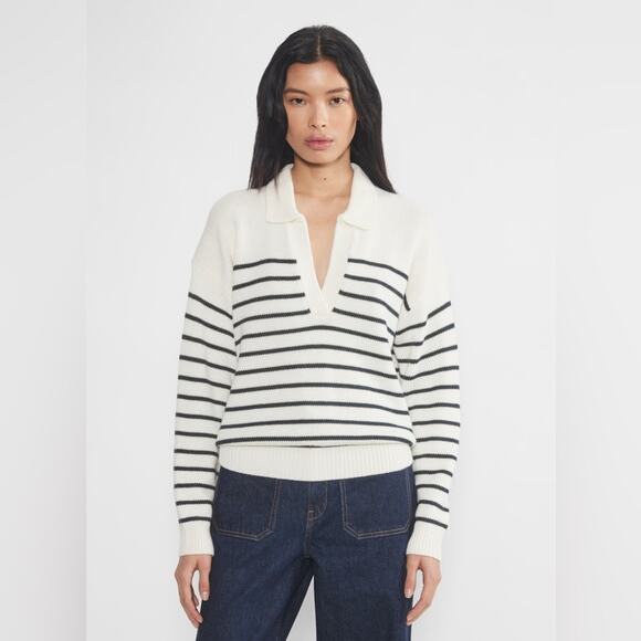 NWT Wilfred Clara Merino Wool Striped V-Neck Sweater In Lt Birch/ Admiral Size S - Picture 4 of 15